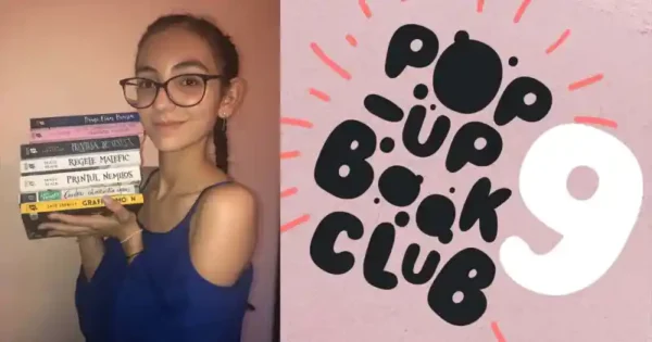Imagine compusă din două părți: în partea stângă, Maria Dumitru, cunoscută ca That Dreamer, este surprinsă ținând un teanc de cărți de la Storia Books, inclusiv ‘Regele Malefic’ și ‘Prințul Nemilos’, și zâmbind într-o cameră cu lumină caldă; în partea dreaptă, logo-ul creativ al Pop-Up Book Club 9, cu text stilizat pe un fundal roz deschis, înconjurat de accente sub formă de linii colorate, care exprimă dinamism și entuziasm.