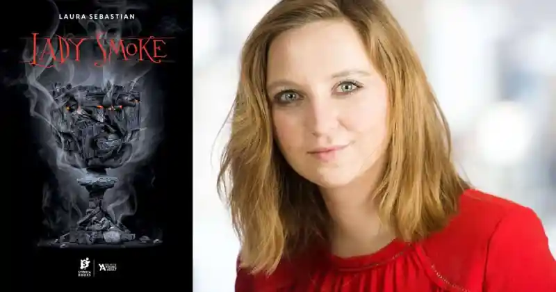 Imagine compusă din două părți: în partea stângă, coperta romanului ‘Lady Smoke’ de Laura Sebastian, cu un design întunecat ce include un tron învăluit în fum și elemente gotice, sugerând un fantasy plin de mister și putere. În partea dreaptă, autoarea Laura Sebastian este portretizată într-un cadru luminos, purtând o bluză roșie, zâmbind subtil, cu un fundal alb estompat care evidențiază prezența sa caldă și accesibilă.